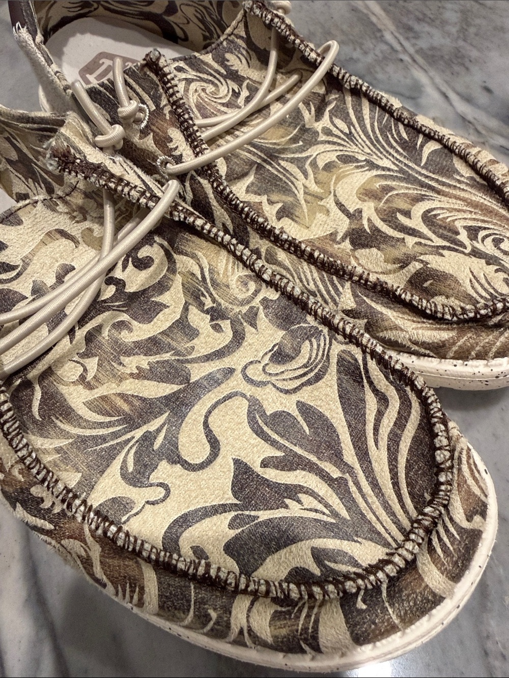 Hey Dude Floral Pattern Canvas Slip-On Loafers in Brown and Cream - Picture 11 of 12